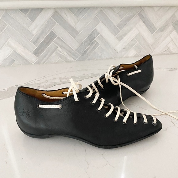 John Fluevog Black Leather Flats with White Laces - Picture 1 of 15